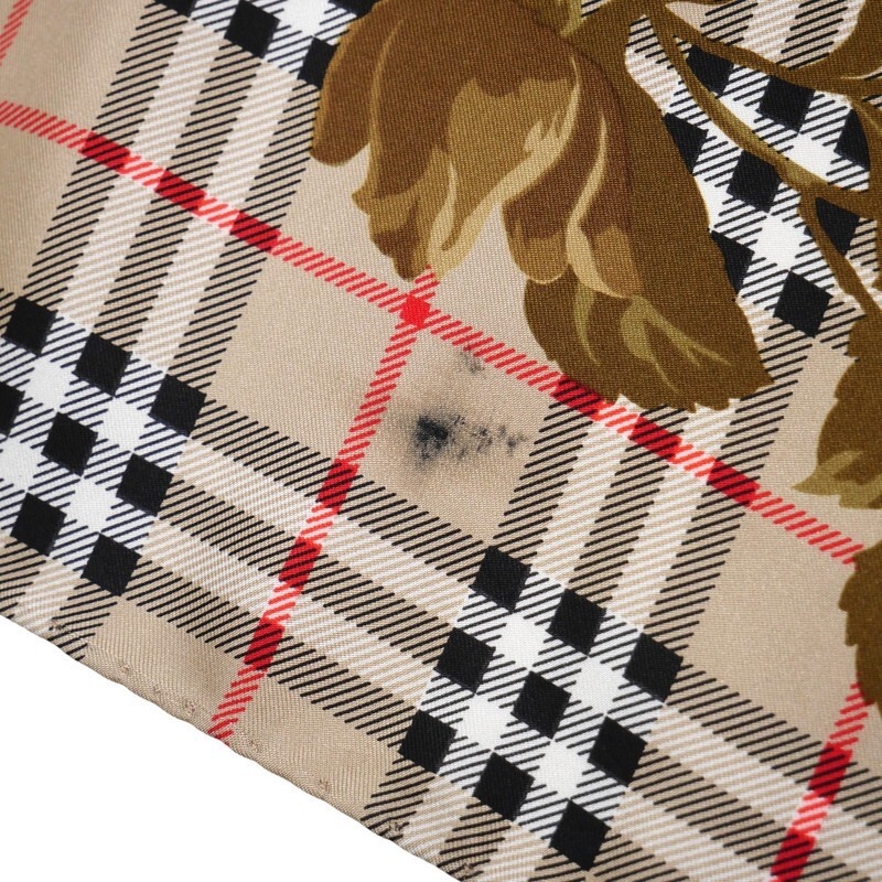 TJ4347▼イタリア制▼ バーバリー Burberrys ヴィンテージ チェック×花柄 シルクスカーフ ストール ベージュ系 vintage