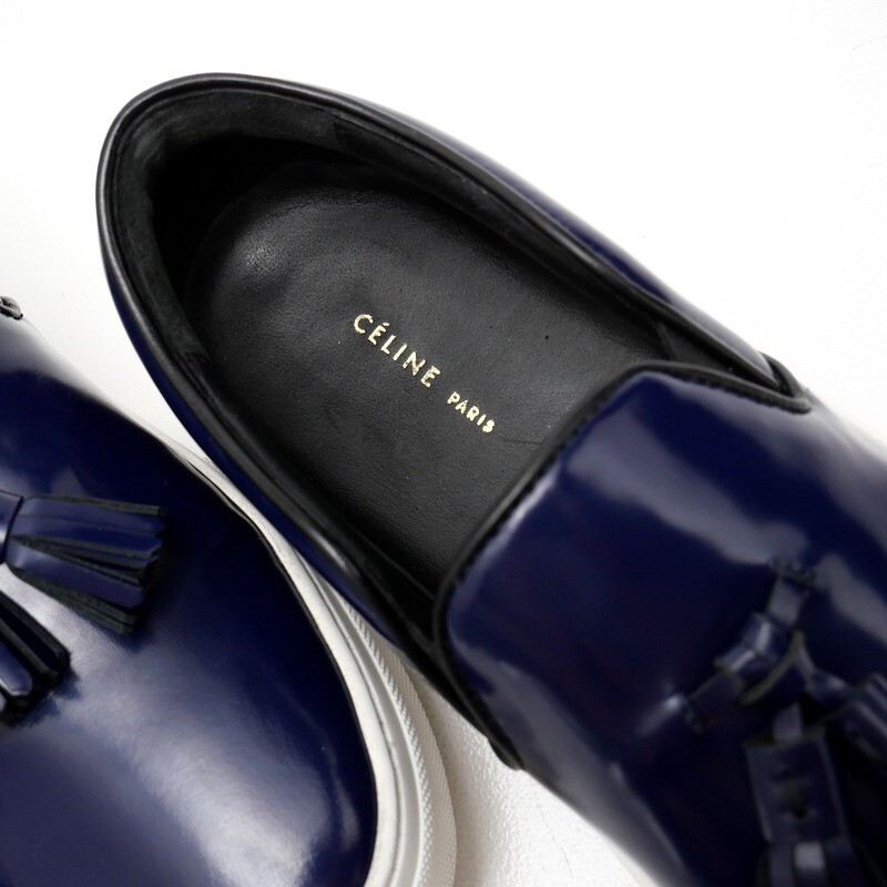 GS2786*イタリア制 CELINE セリーヌ フィービー期 37(23cm相當(dāng)) タッセル スケーター スリッポン レザースニーカー 靴 ネイビー