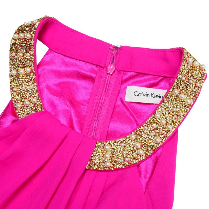 M1287#未使用*カルバンクライン*Calvin Klein*マキシドレス*ロング*パーティ*アメリカンスリーブ*ビジュー裝飾*ピンク系