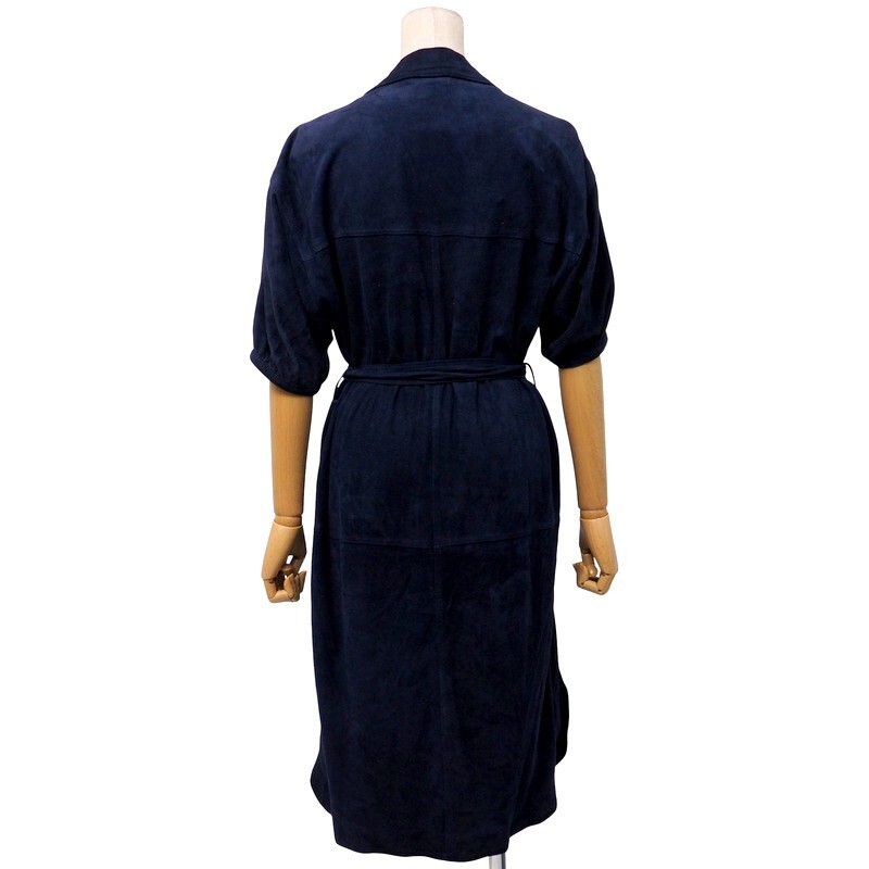 MH8919#スペイン制*ロエベ*LOEWE*スエードレザー*半袖シャツワンピース*金ボタン*ネイビー系*サイズ38