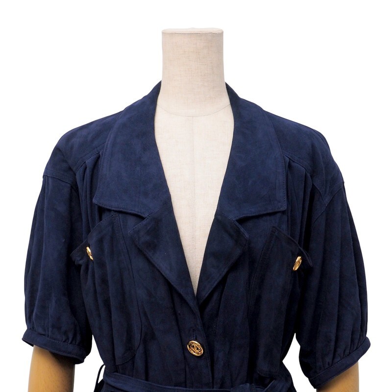 MH8919#スペイン制*ロエベ*LOEWE*スエードレザー*半袖シャツワンピース*金ボタン*ネイビー系*サイズ38