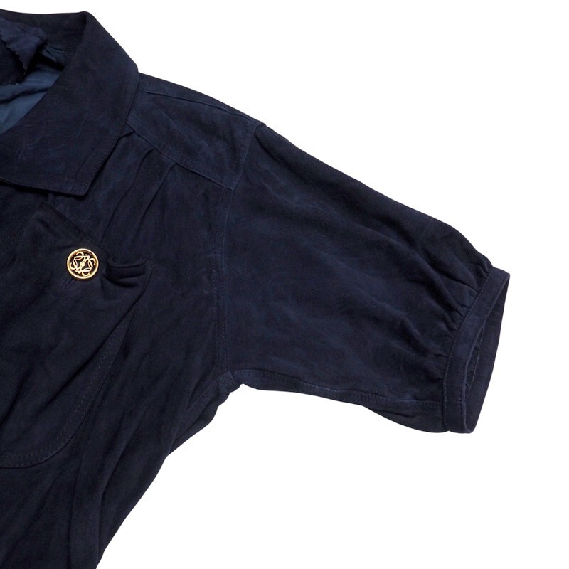 MH8919#スペイン制*ロエベ*LOEWE*スエードレザー*半袖シャツワンピース*金ボタン*ネイビー系*サイズ38