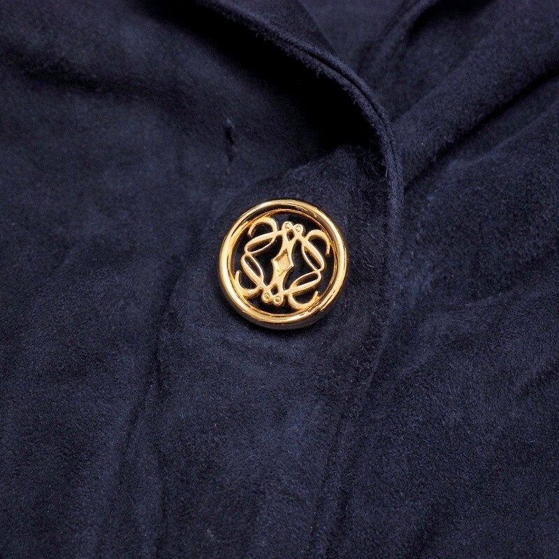 MH8919#スペイン制*ロエベ*LOEWE*スエードレザー*半袖シャツワンピース*金ボタン*ネイビー系*サイズ38