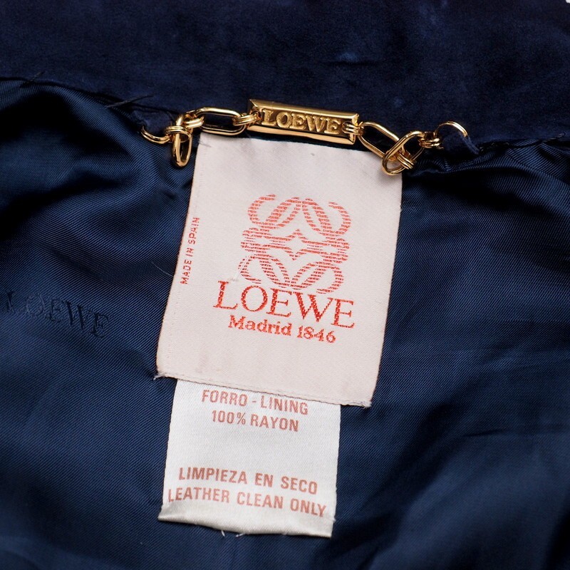 MH8919#スペイン制*ロエベ*LOEWE*スエードレザー*半袖シャツワンピース*金ボタン*ネイビー系*サイズ38