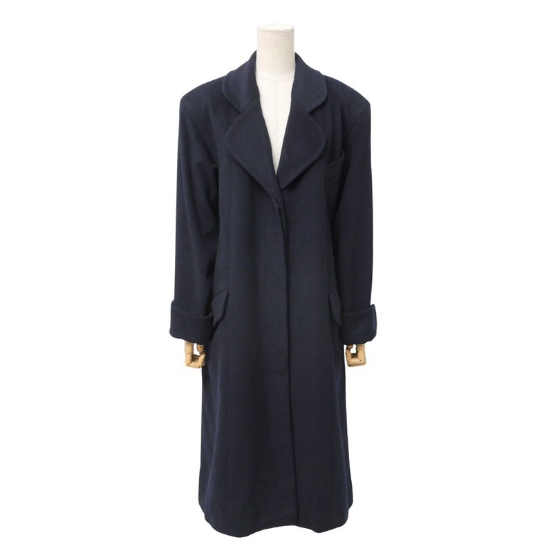 MH5826▼フランス制▼シャネル CHANEL*ウール×アルパカ ロングコート CC/ココマーク釦 比翼仕立て サイズ38 著丈110cm ネイビー系