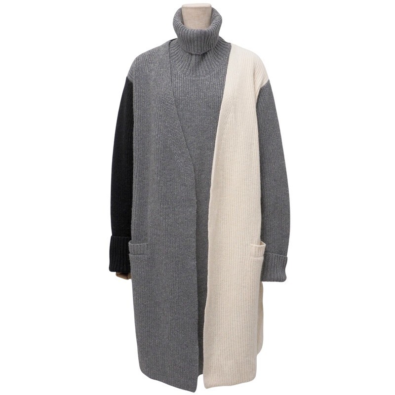 MH4744#ザケイジ*THE KEIJI*ロングカーディガン+ネックウォーマー*リブニット*ライトグレー×ブラック×アイボリー系*サイズF