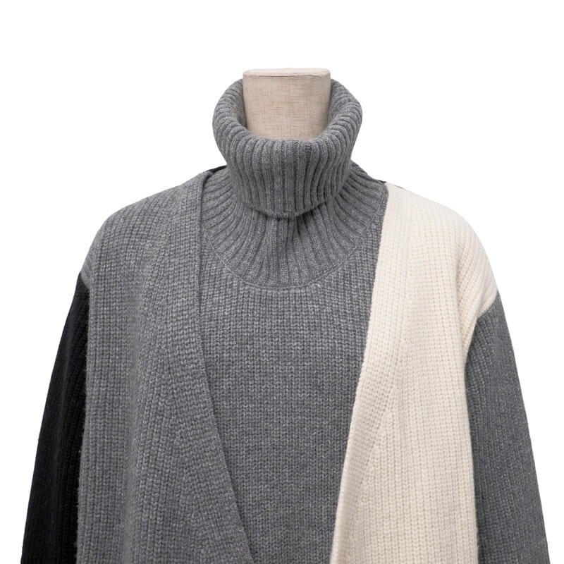 MH4744#ザケイジ*THE KEIJI*ロングカーディガン+ネックウォーマー*リブニット*ライトグレー×ブラック×アイボリー系*サイズF