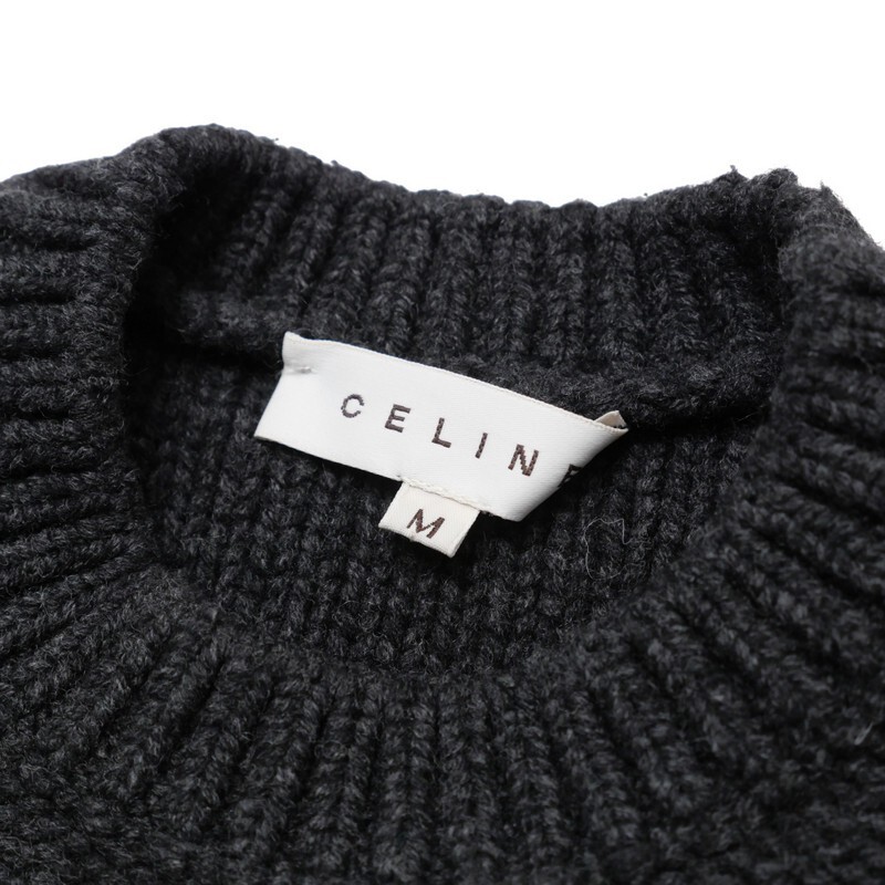 MH9614〇イタリア制*セリーヌ*カシミヤウール*ケーブル レザーベルト付き*ローゲージ*ニット*セーター*サイズM*チャコールグレー×ブラッぬ?