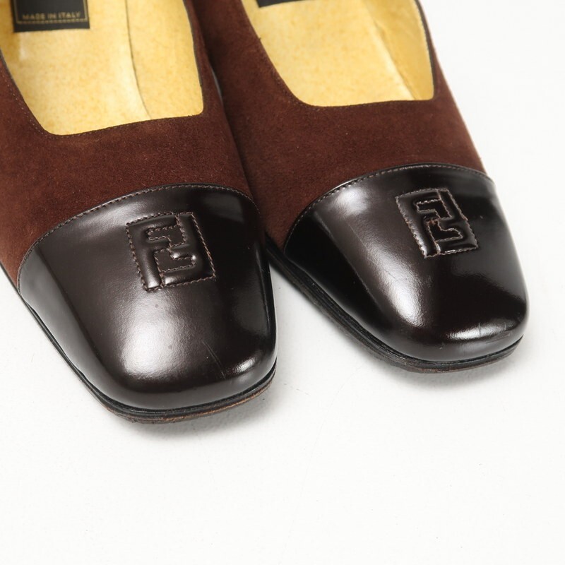 GS0197〇イタリア制*フェンディ/FENDI*スエードレザー*FFロゴ*チャンキーヒール パンプス*36 1/2(23.5cm相當(dāng))*ブラウン×ブラッぬ?