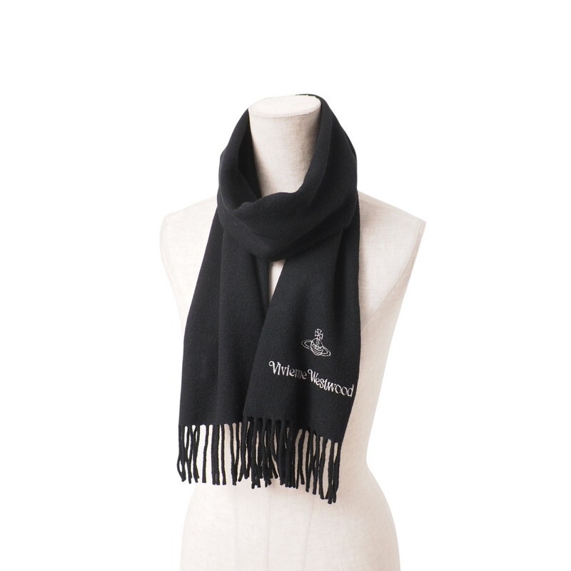TI8921〇イタリア制*ヴィヴィアンウエストウッド Vivienne Westwood ACCESSORIES*オーブ ロゴ ウール フリンジ マフラー ストール*ブラック