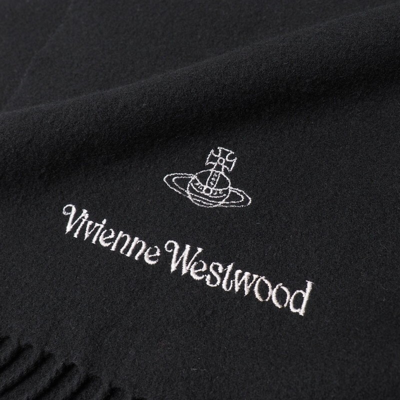 TI8921〇イタリア制*ヴィヴィアンウエストウッド Vivienne Westwood ACCESSORIES*オーブ ロゴ ウール フリンジ マフラー ストール*ブラック