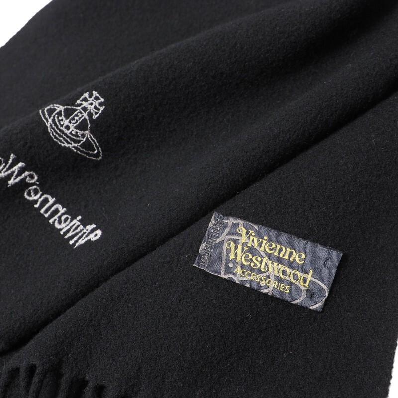 TI8921〇イタリア制*ヴィヴィアンウエストウッド Vivienne Westwood ACCESSORIES*オーブ ロゴ ウール フリンジ マフラー ストール*ブラック
