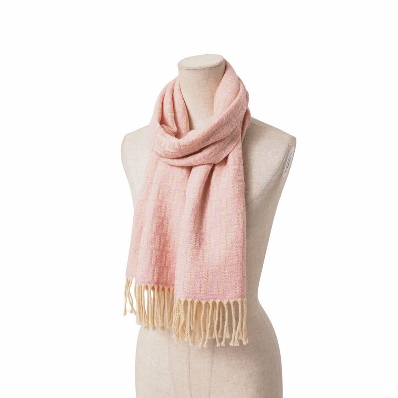 TI9295〇イタリア制*フェンディ/FENDI*ウール100％*FF ロゴ ズッカ柄*フリンジ*マフラー ストール*ピンク×ベージュ絙?