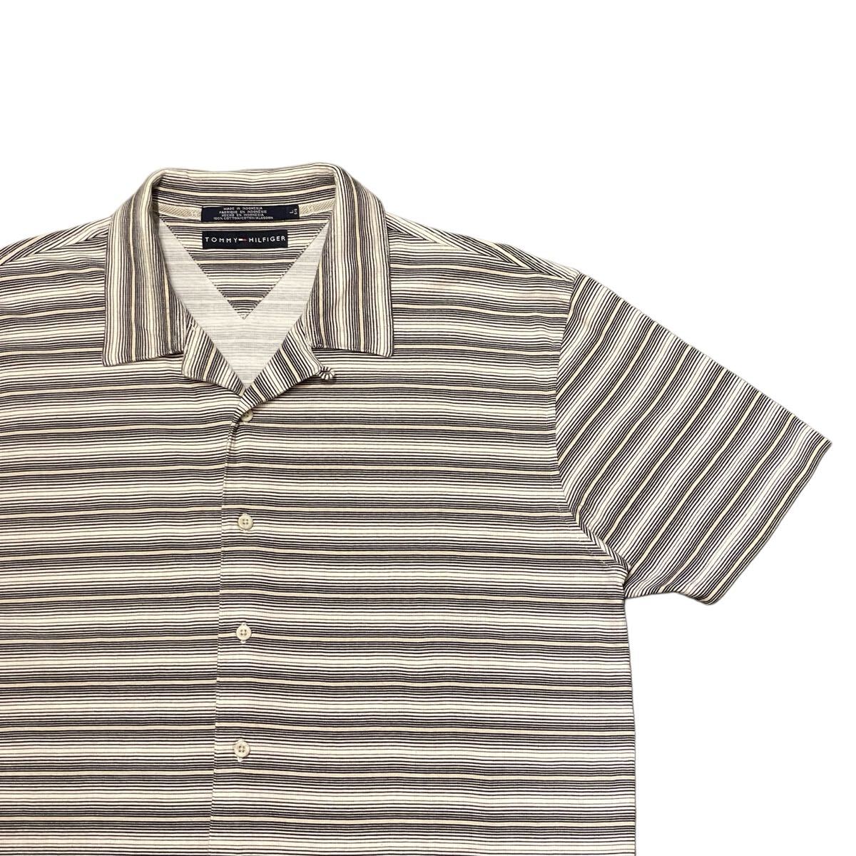 【L】トミー?ヒルフィガー オープンカラー シャツ ボーダー ビンテージ アメリカ古著 USA 90s Tommy Hilfiger 総柄 半袖 開襟 Tシャツ生地