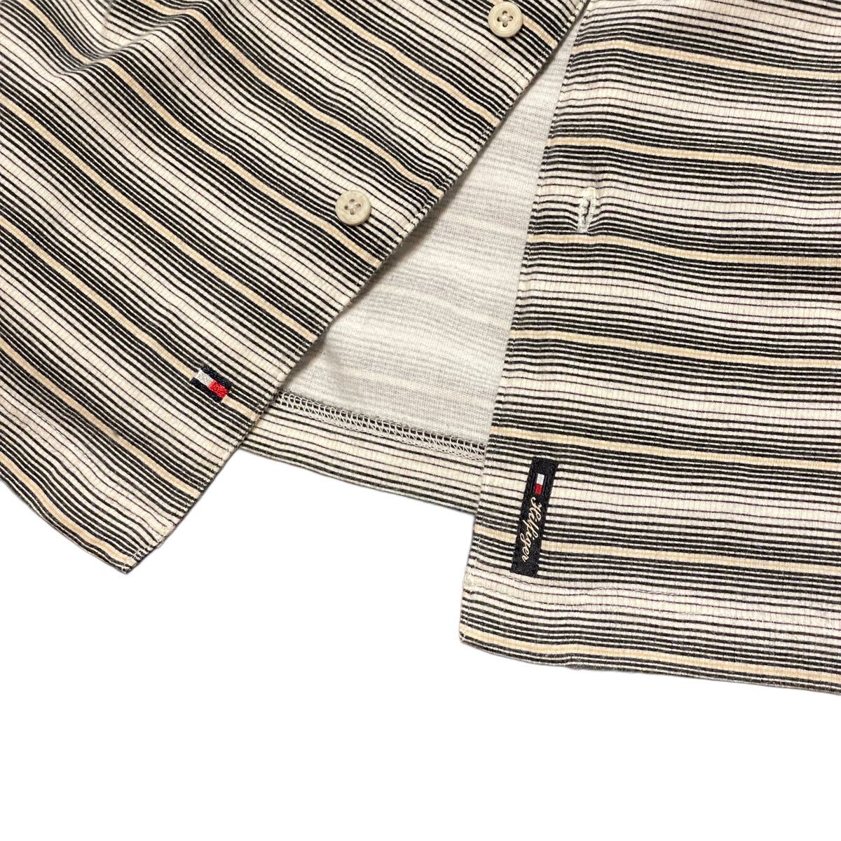 【L】トミー?ヒルフィガー オープンカラー シャツ ボーダー ビンテージ アメリカ古著 USA 90s Tommy Hilfiger 総柄 半袖 開襟 Tシャツ生地