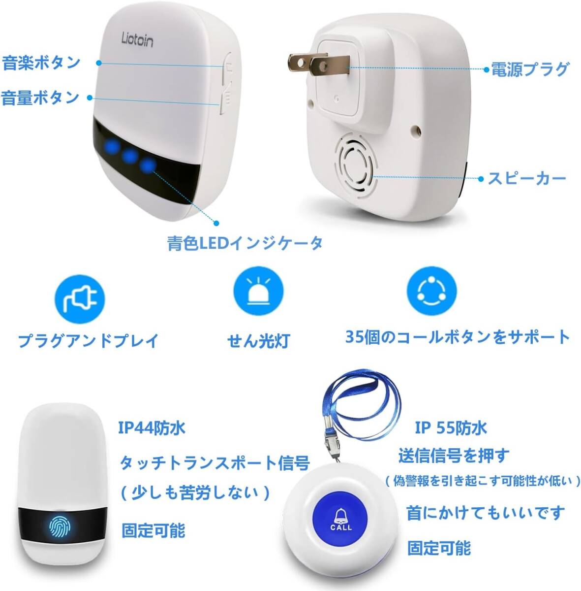 LIOTOIN 呼び出しベル 介護ベル ポケットベル 無線 コール ボタン 警報 システム 呼び鈴 ナースコール 介護 看護 2受信機＆3発信機_画像2