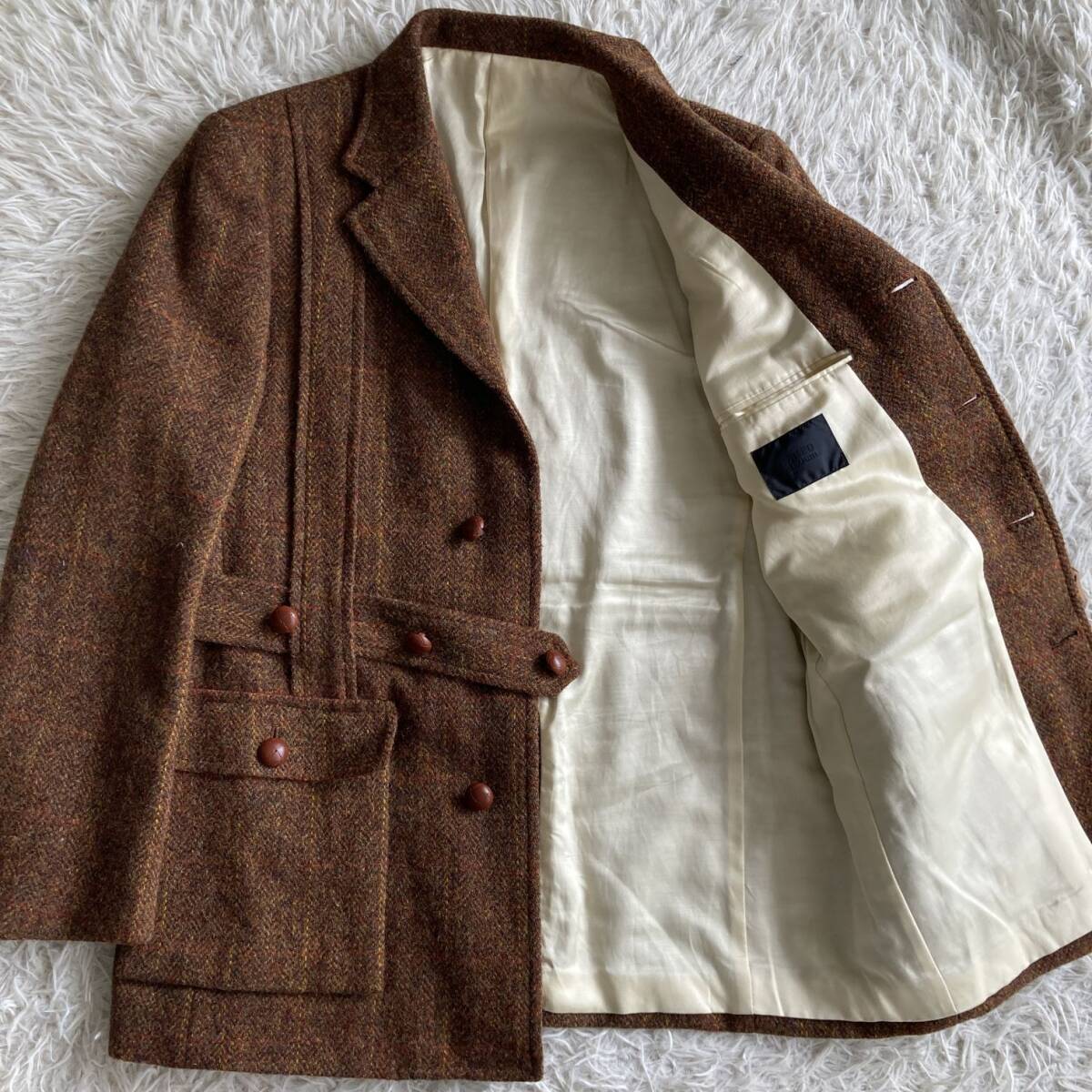 サイズＭ相當(dāng)◎【究極のカントリージャケットを纏う?！俊鯰AKEOKIKUCHI×ハリスツイード■ ツイードノーフォークジャケット クルミボタン