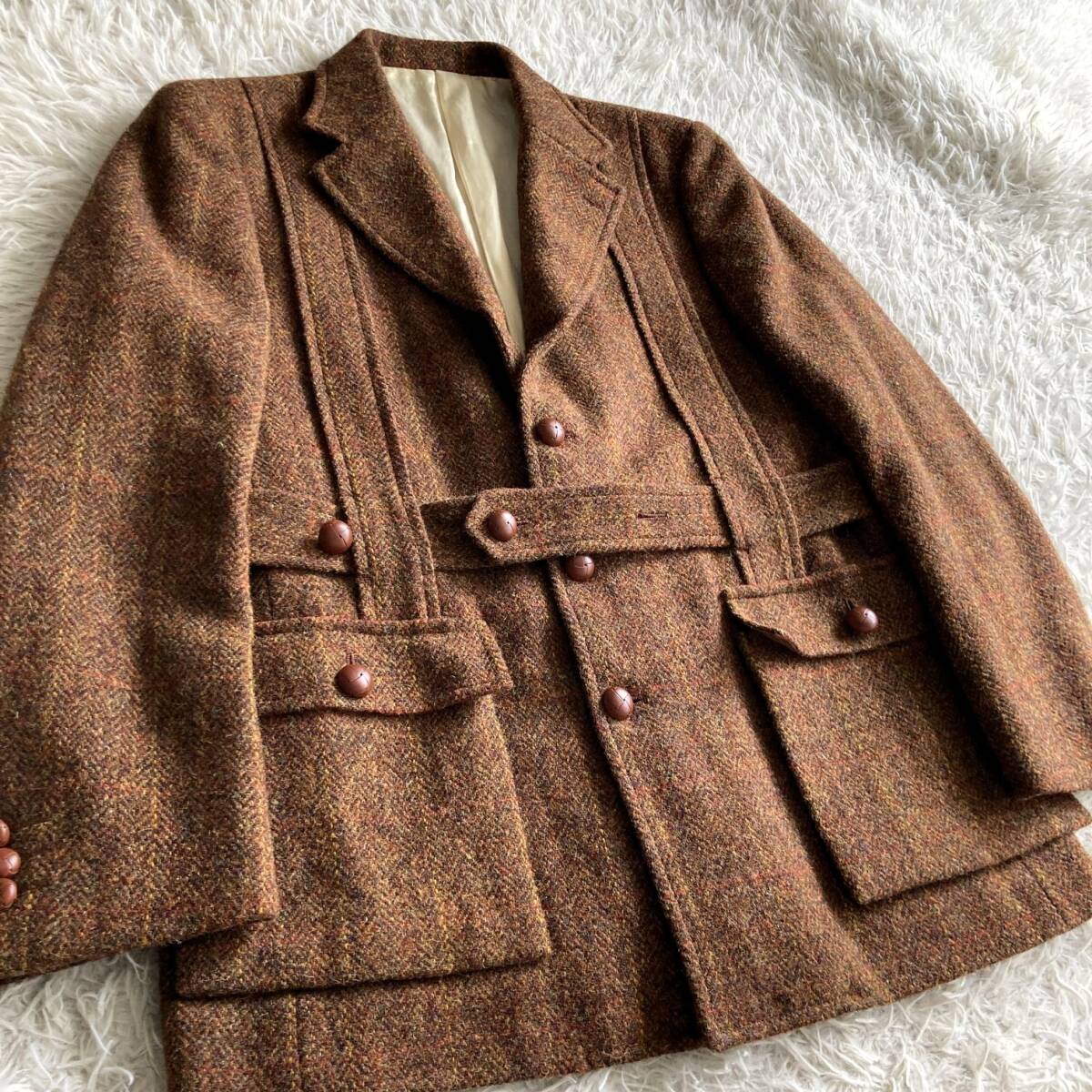 サイズＭ相當(dāng)◎【究極のカントリージャケットを纏う?！俊鯰AKEOKIKUCHI×ハリスツイード■ ツイードノーフォークジャケット クルミボタン
