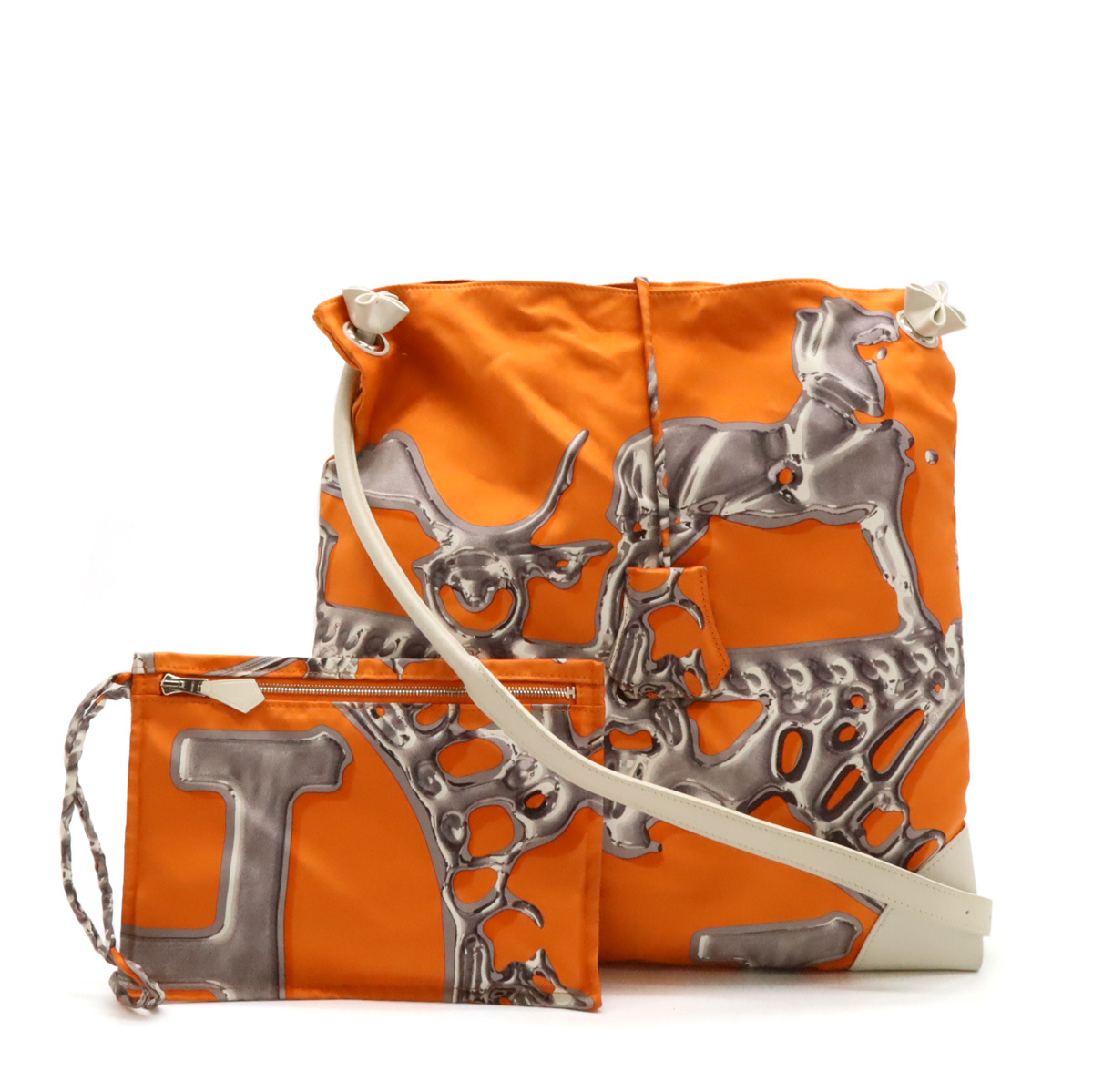 HERMES エルメス シルキーシティPM ショルダーバッグ 馬 VIF ARGENT 銀の雫 シルク レザー オレンジ ホワイト 白 ポーチ付き □O刻印