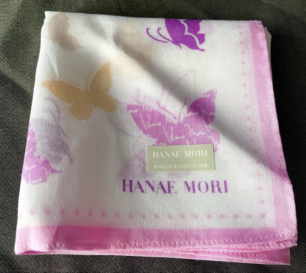 レア新品未使用品HANAE MORI森英恵モリハナエ綿ハンカチ レディースハンカチ蝶々チョウピンク桃色_画像1