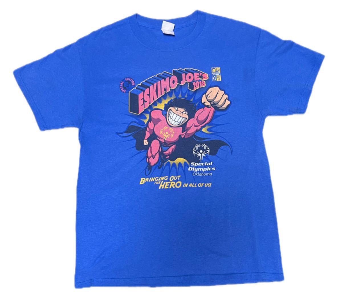 限定 アメリカ古着 半袖Tシャツ MLサイズ メンズ レディース 輸入古着 かわいいブルー プリントTシャツ 短丈ビンテージ風ヴィンテージ風