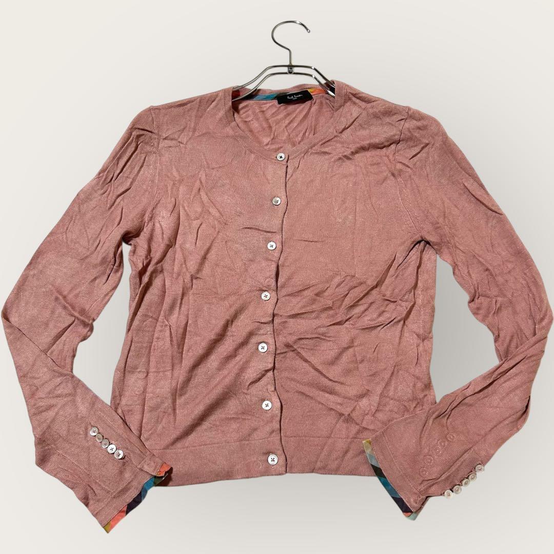 1円スタート Paul Smith ポールスミス ベビーピンク カーディガン ニット 薄手 Sサイズ レインボーカラー 秋冬 コットン レーヨン 綿
