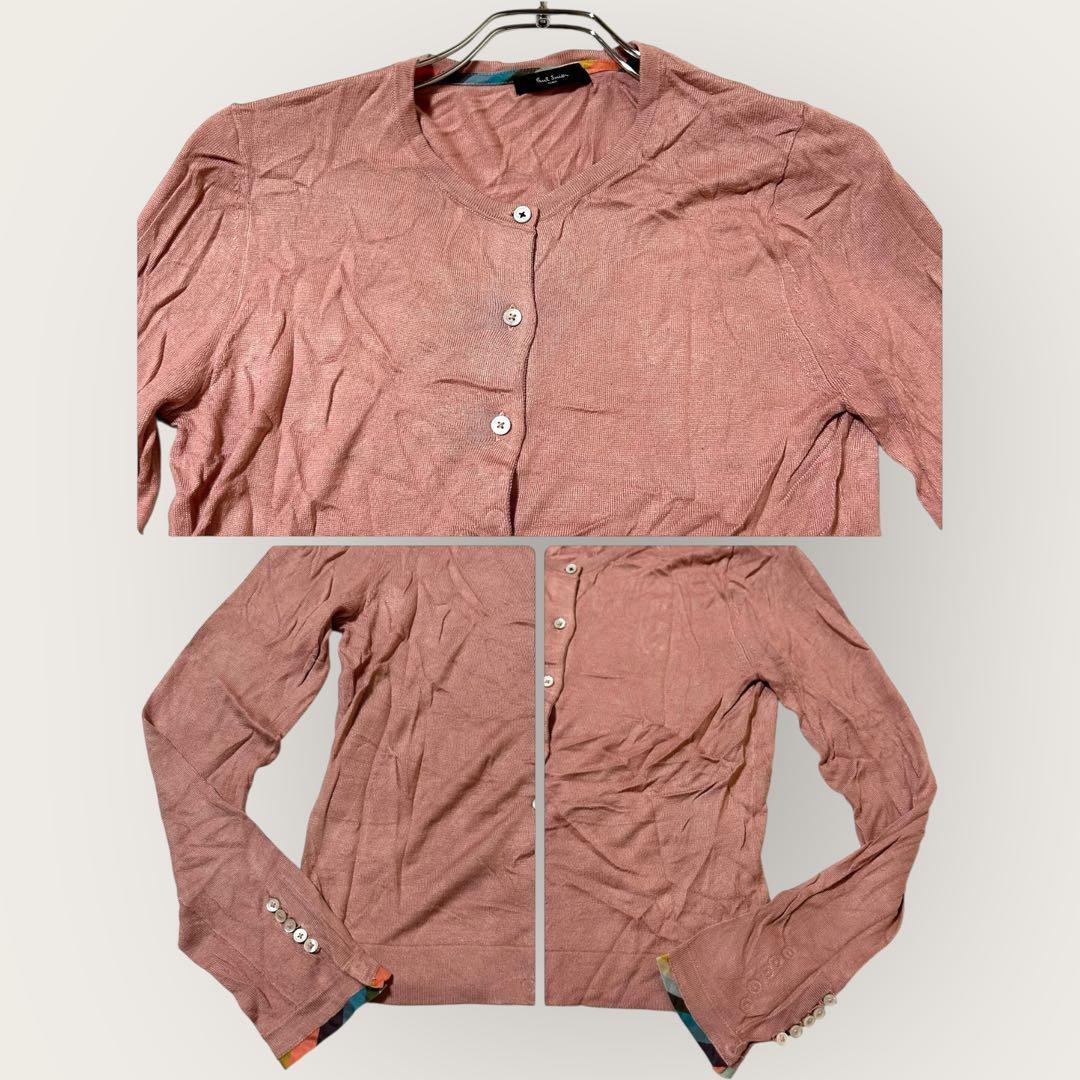 1円スタート Paul Smith ポールスミス ベビーピンク カーディガン ニット 薄手 Sサイズ レインボーカラー 秋冬 コットン レーヨン 綿