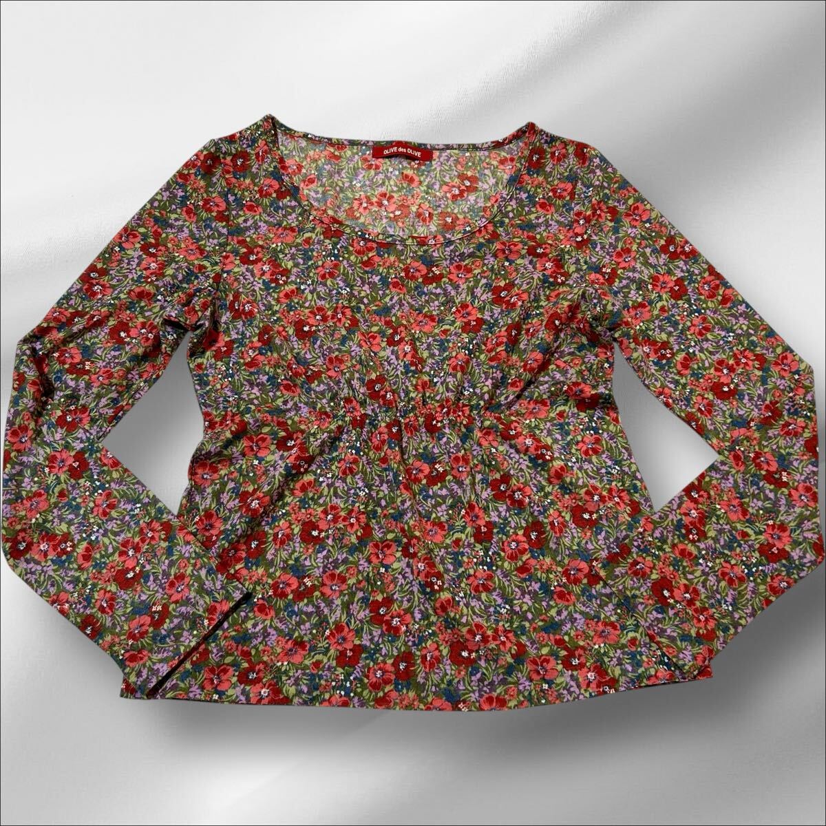 1円スタートOLIVE des OLIVE オリーブデオリーブ 花柄 総柄 チュニック F フリーサイズ 長袖 カットソー かわいい キッズ マルチカラー