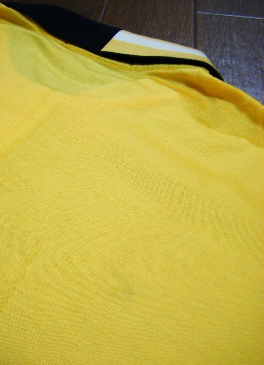 伸縮/良品〇マンシング シャツ M 薄手 光沢 半隠れボタン 刺しゅうロゴ 濃黄色_画像8