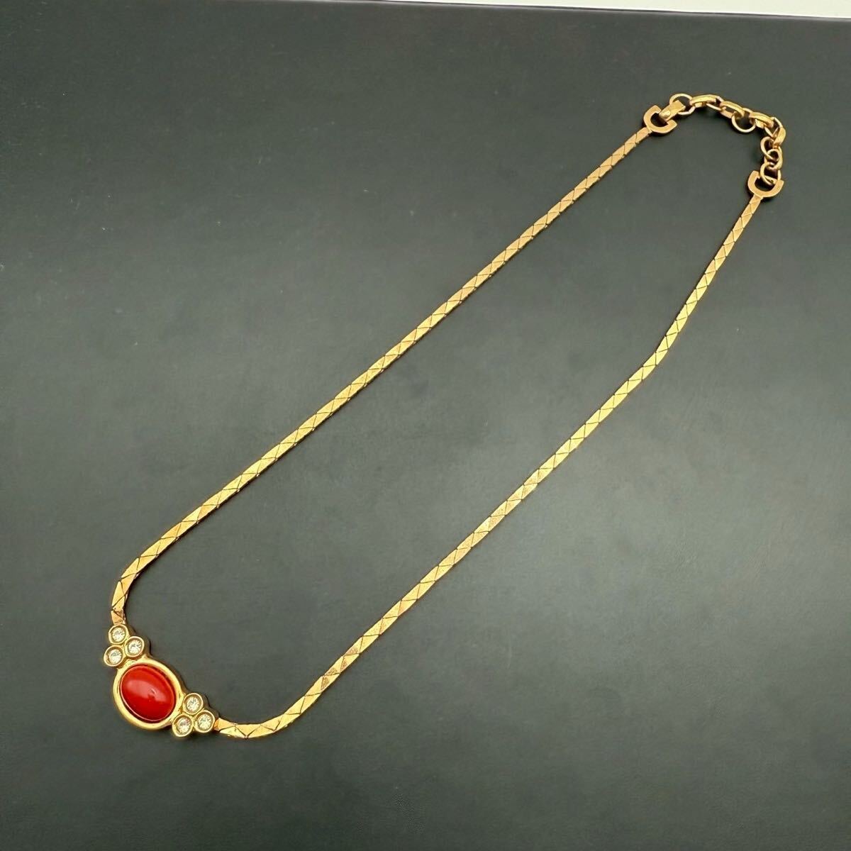 【希少?極美品】Christian Dior クリスチャンディオール ネックレス ペンダント チョーカー ラインストーン カラーストーン 赤玉 ゴールド