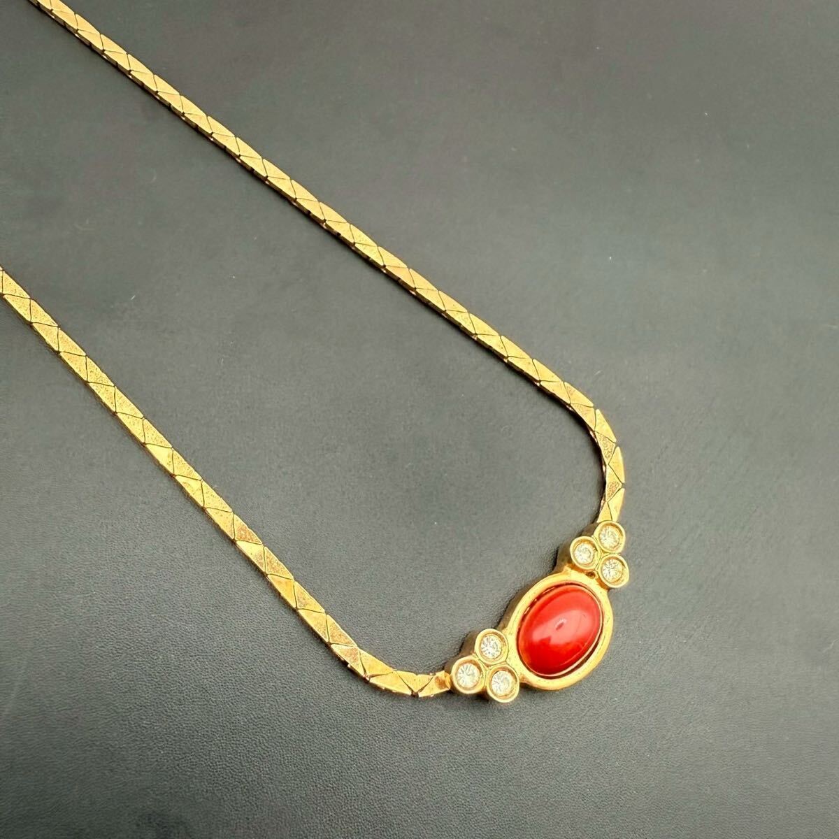 【希少?極美品】Christian Dior クリスチャンディオール ネックレス ペンダント チョーカー ラインストーン カラーストーン 赤玉 ゴールド