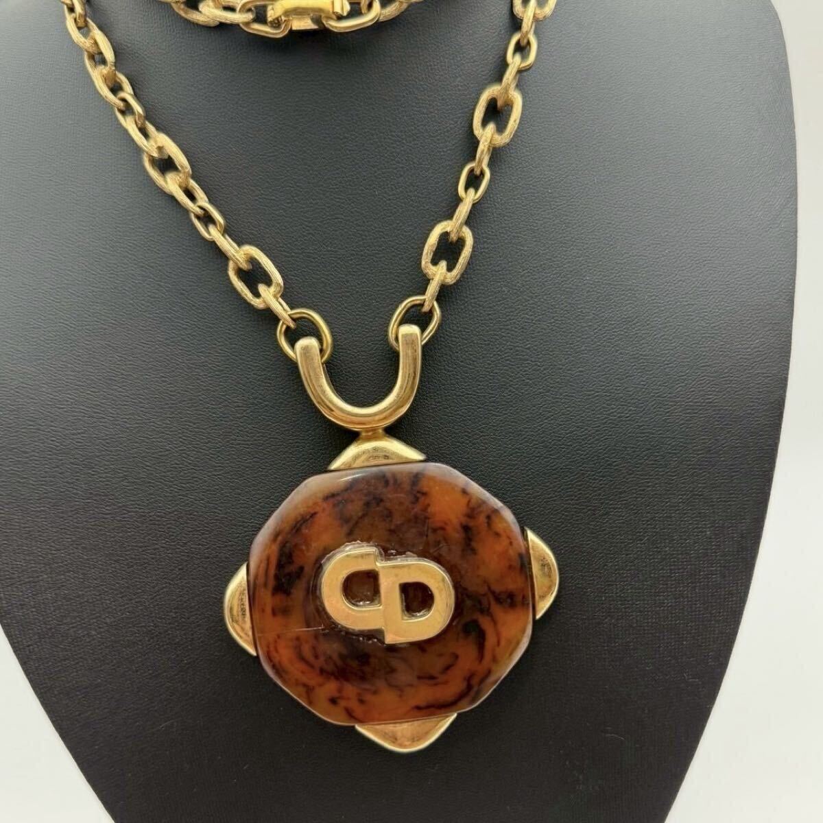 【希少?美品】Christian Dior クリスチャンディオール ネックレス ペンダント チョーカー べっこう 鼈甲 ゴールド 大ぶり ロングチェーン
