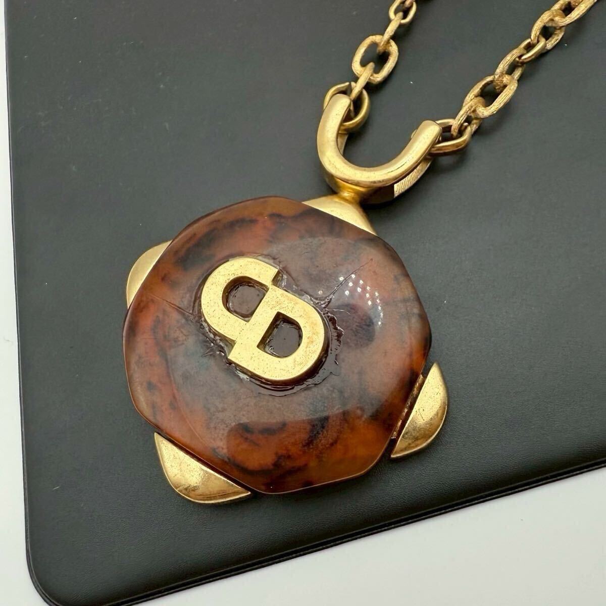 【希少?美品】Christian Dior クリスチャンディオール ネックレス ペンダント チョーカー べっこう 鼈甲 ゴールド 大ぶり ロングチェーン