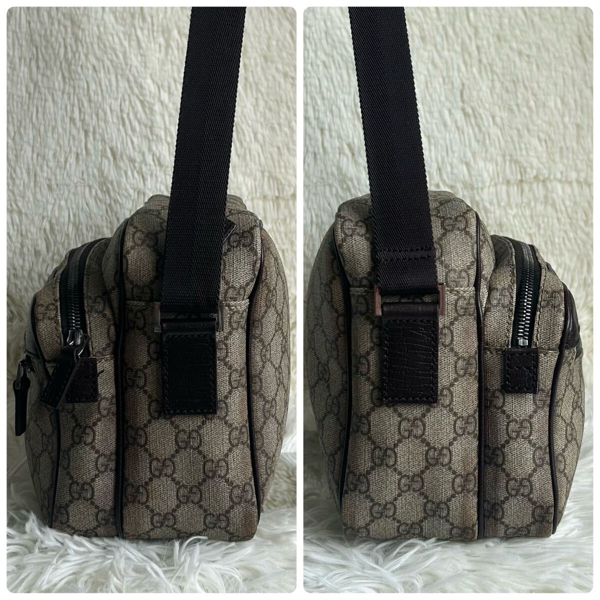 良品 GUCCI グッチ ショルダーバッグ カメラバッグ 斜め掛け GGスプリーム クロスボディ ボディバッグ メンズ PVC レザー 本革 ブラウン_画像4