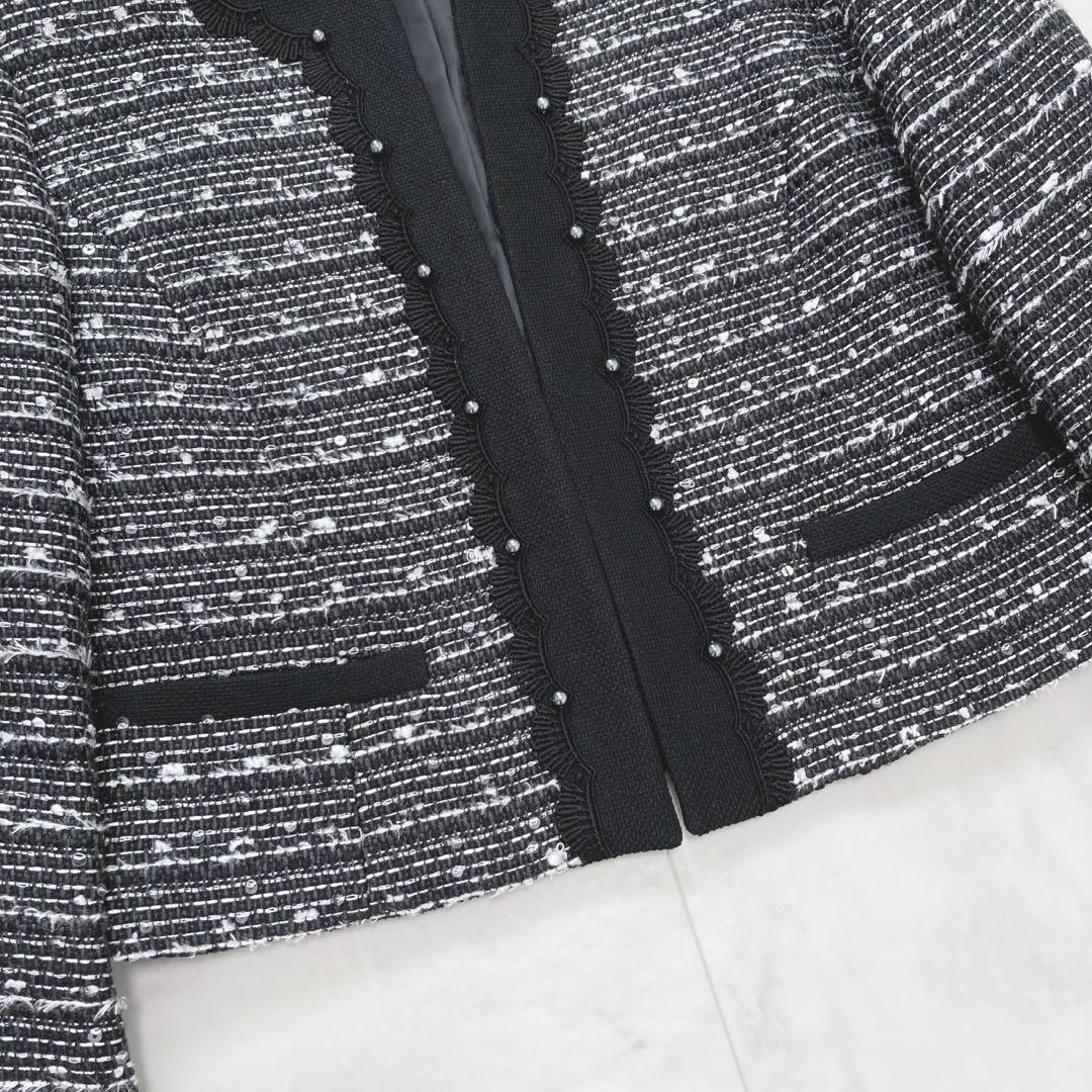 TOKYO SOIR 東京ソワール ノーカラーツイードジャケット 9 袖スリット_画像4