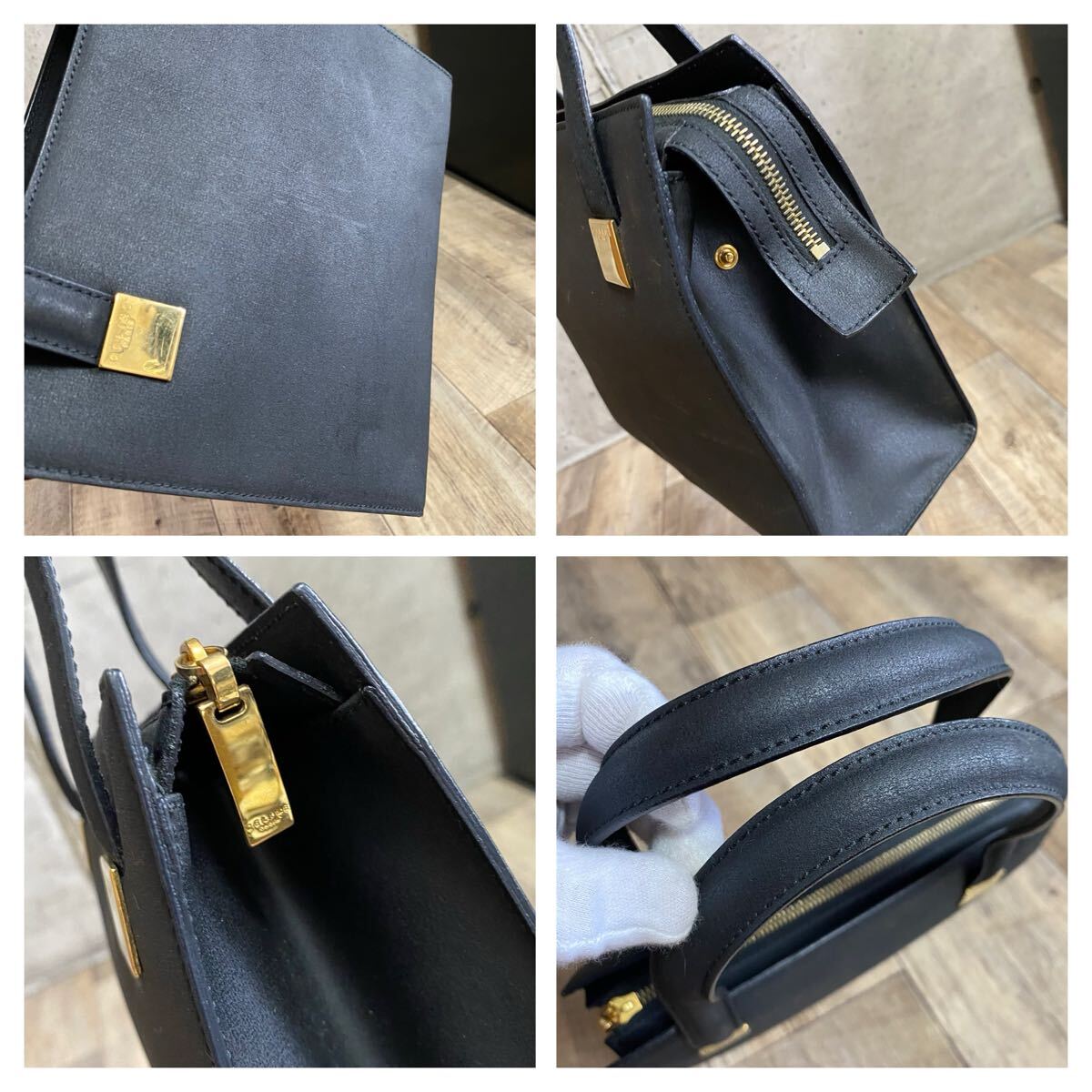 本物☆CELINE セリーヌ ロゴ ゴールド金具 レザー ハンドバッグ ミニトートバッグ ブラック 黒 ビジネス 本革 バッグ オールド レディース_画像9