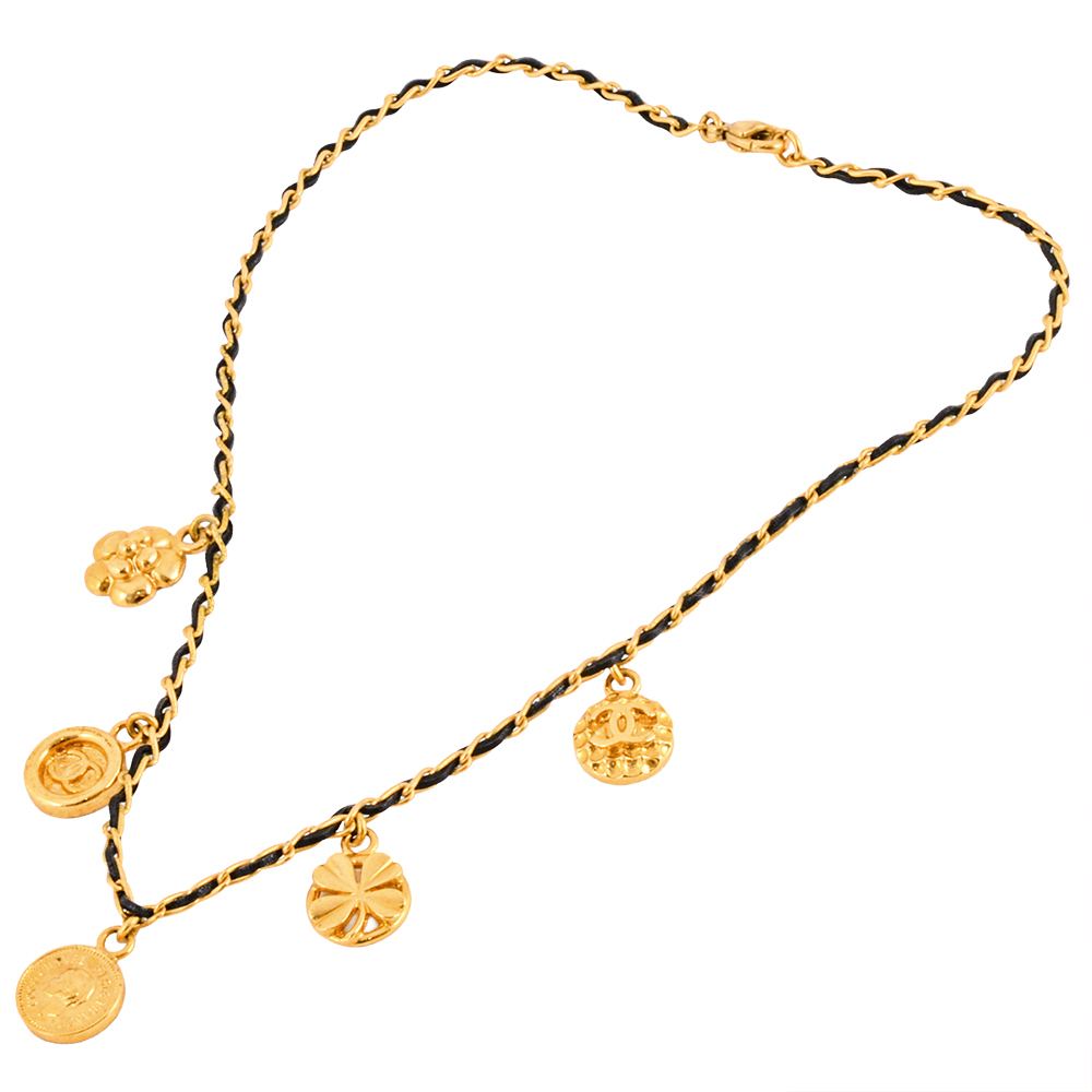 Chanel CHANEL короткое колье колье metal кожа 96 P печать Gold здесь Mark монета медаль clover черепаха задний женский