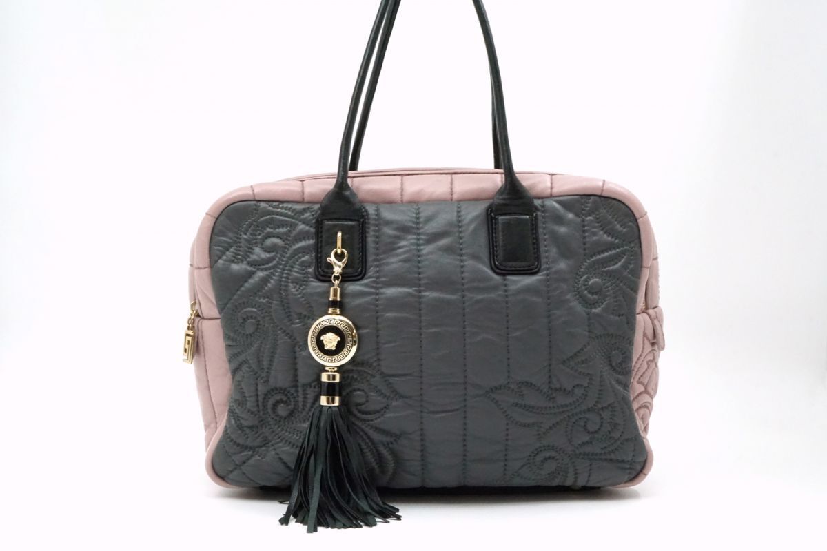 ジャンニ ヴェルサーチェ ヴァニタス ミニボストン ショルダーバッグ トート レザー 灰色 グレー ピンク GIANNI VERSACE VANITAS 3532h_画像1