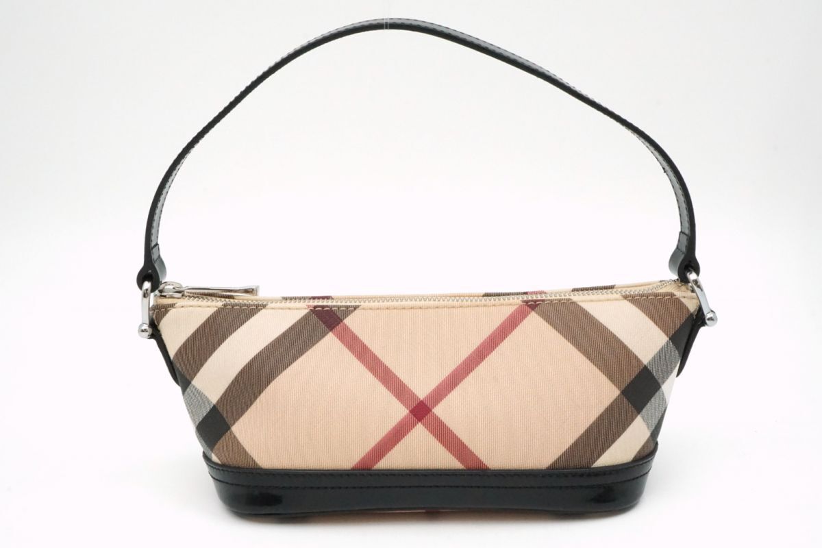 バーバリー エスタブリッシュド アクセサリーポーチ ミニ ハンドバッグ ノバチェック PVCレザー ベージュ BURBERRY ESTABLISHED 3533h_画像1