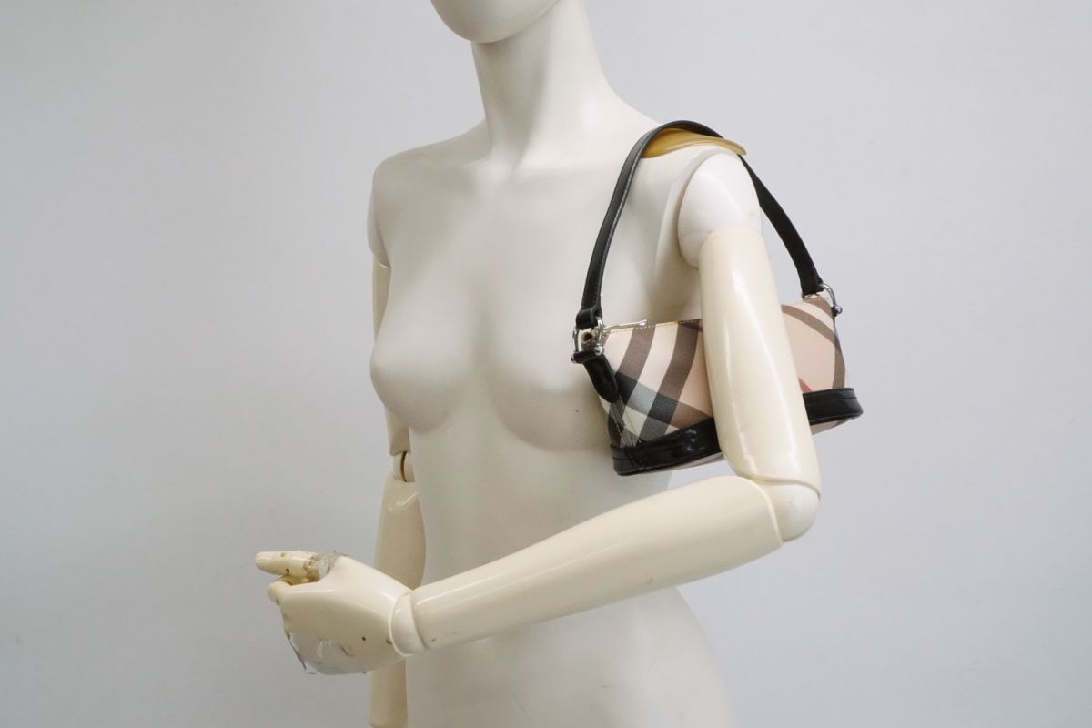 バーバリー エスタブリッシュド アクセサリーポーチ ミニ ハンドバッグ ノバチェック PVCレザー ベージュ BURBERRY ESTABLISHED 3533h_画像2