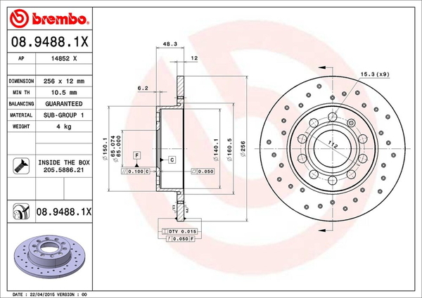ブレンボ エクストラブレーキディスク リア左右セット A3ハッチバック 8PAXW 08.9488.1X brembo XTRA BRAKE DISC ブレーキローター_画像4