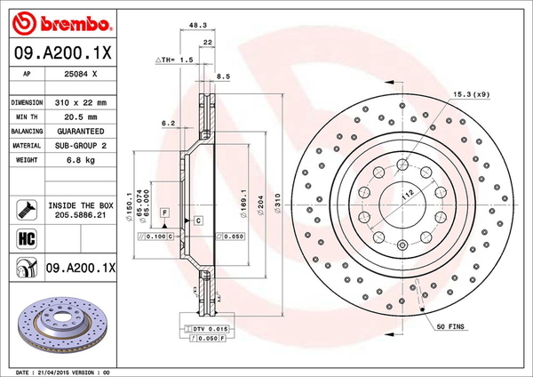ブレンボ エクストラブレーキディスク リア左右セット RS3スポーツバック 8VCZGF 09.A200.1X brembo XTRA BRAKE DISC ブレーキローター_画像4