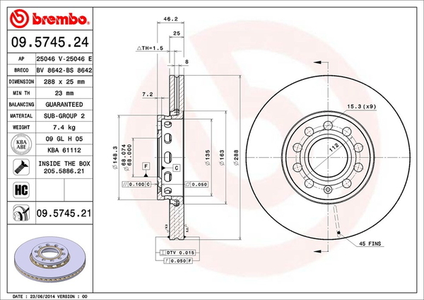 A4(B5) 8D ブレーキローター フロント左右セット ブレンボ ブレーキディスク 09.5745.21 brembo BRAKE DISC ディスクローター_画像2