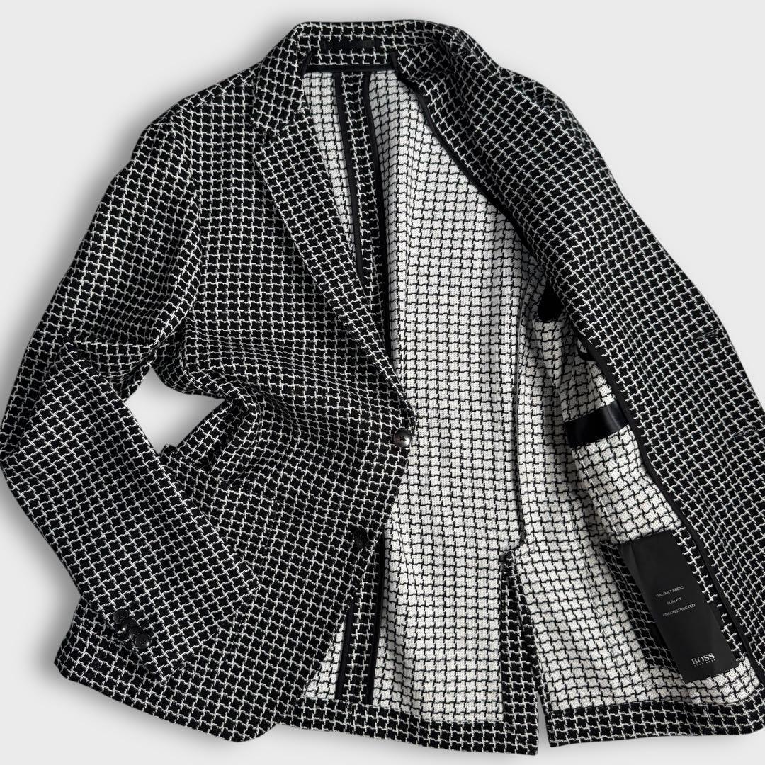 希少 近年 極美品 L HUGO BOSS ヒューゴボス 大きめ 千鳥格子 ハウンドトゥース アンコン テーラードジャケット 秋冬 ブラック 黒 メンズ_画像1
