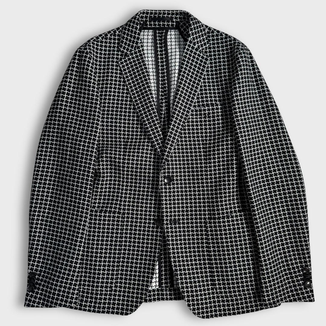 希少 近年 極美品 L HUGO BOSS ヒューゴボス 大きめ 千鳥格子 ハウンドトゥース アンコン テーラードジャケット 秋冬 ブラック 黒 メンズ_画像2