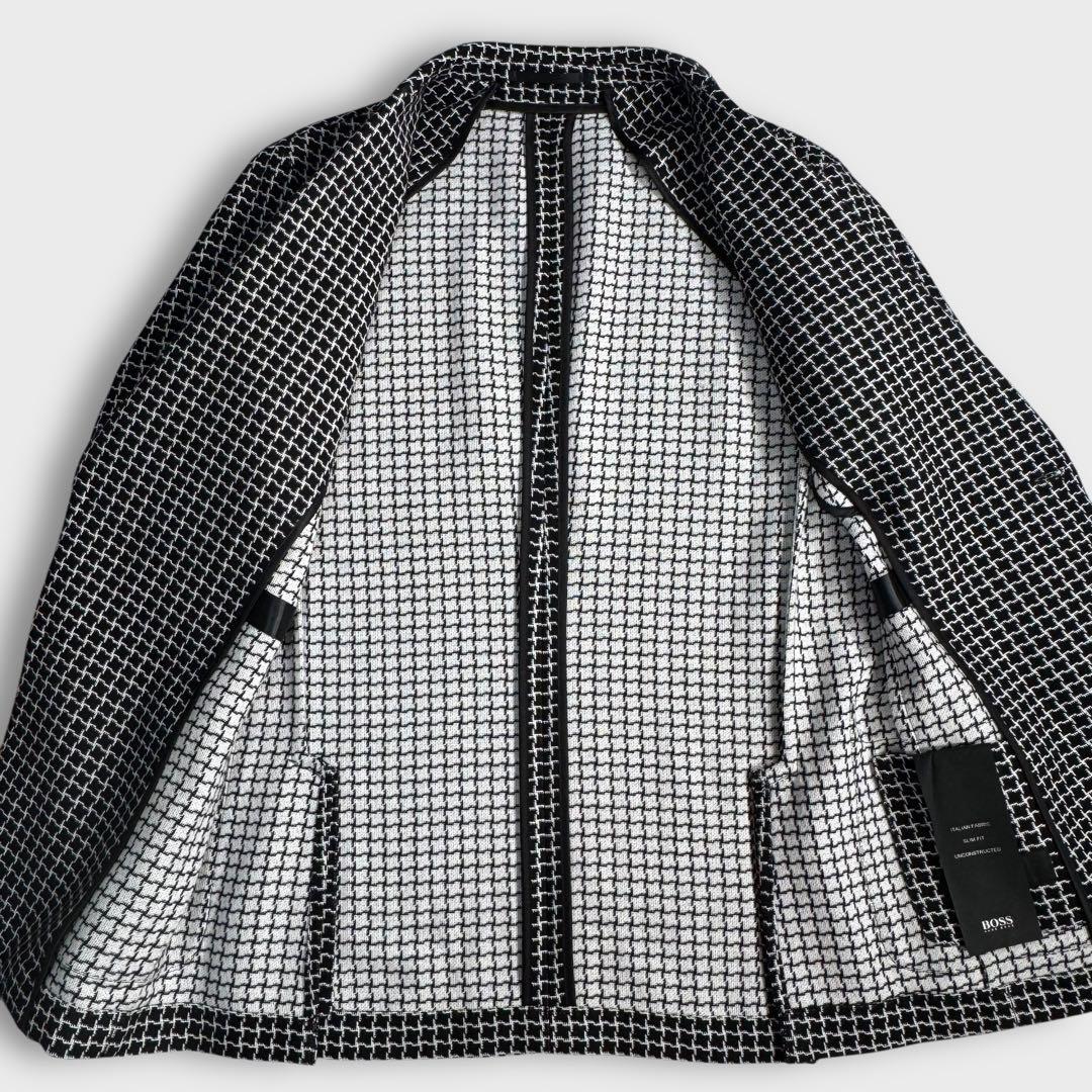 希少 近年 極美品 L HUGO BOSS ヒューゴボス 大きめ 千鳥格子 ハウンドトゥース アンコン テーラードジャケット 秋冬 ブラック 黒 メンズ_画像8