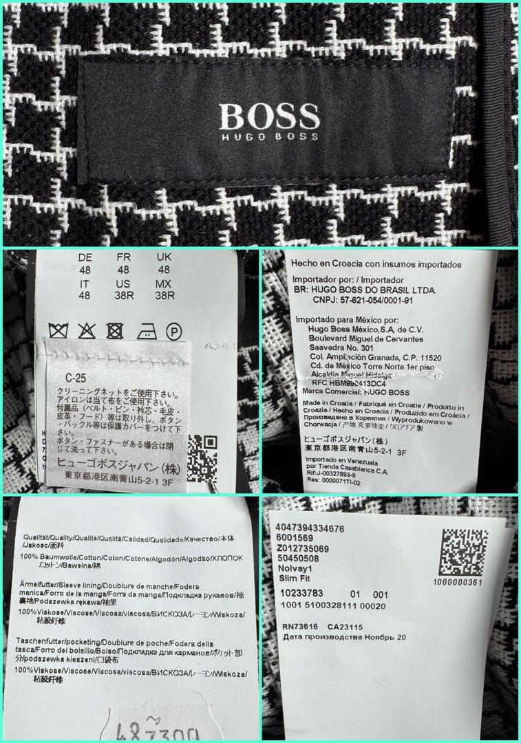 希少 近年 極美品 L HUGO BOSS ヒューゴボス 大きめ 千鳥格子 ハウンドトゥース アンコン テーラードジャケット 秋冬 ブラック 黒 メンズ_画像10