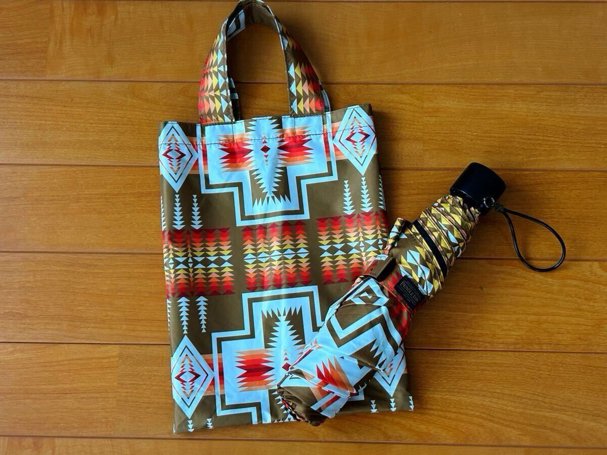 PENDLETON☆ペンドルトン☆ネイティブ柄☆折り畳み傘☆晴雨兼用☆カーキ☆男女兼用☆収納ミニトートバッグ付き_画像1