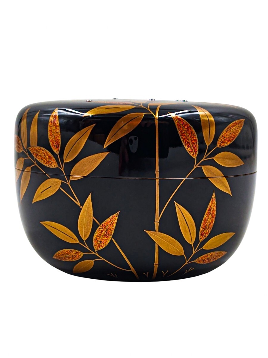 表千家【村田宗覚】輪島塗『惺斎好写 露笹蒔絵 銀粒 平棗』 内銀溜 桐共箱 表千家【村田宗覚】輪島塗『惺斎好写 露笹蒔絵 銀粒 平