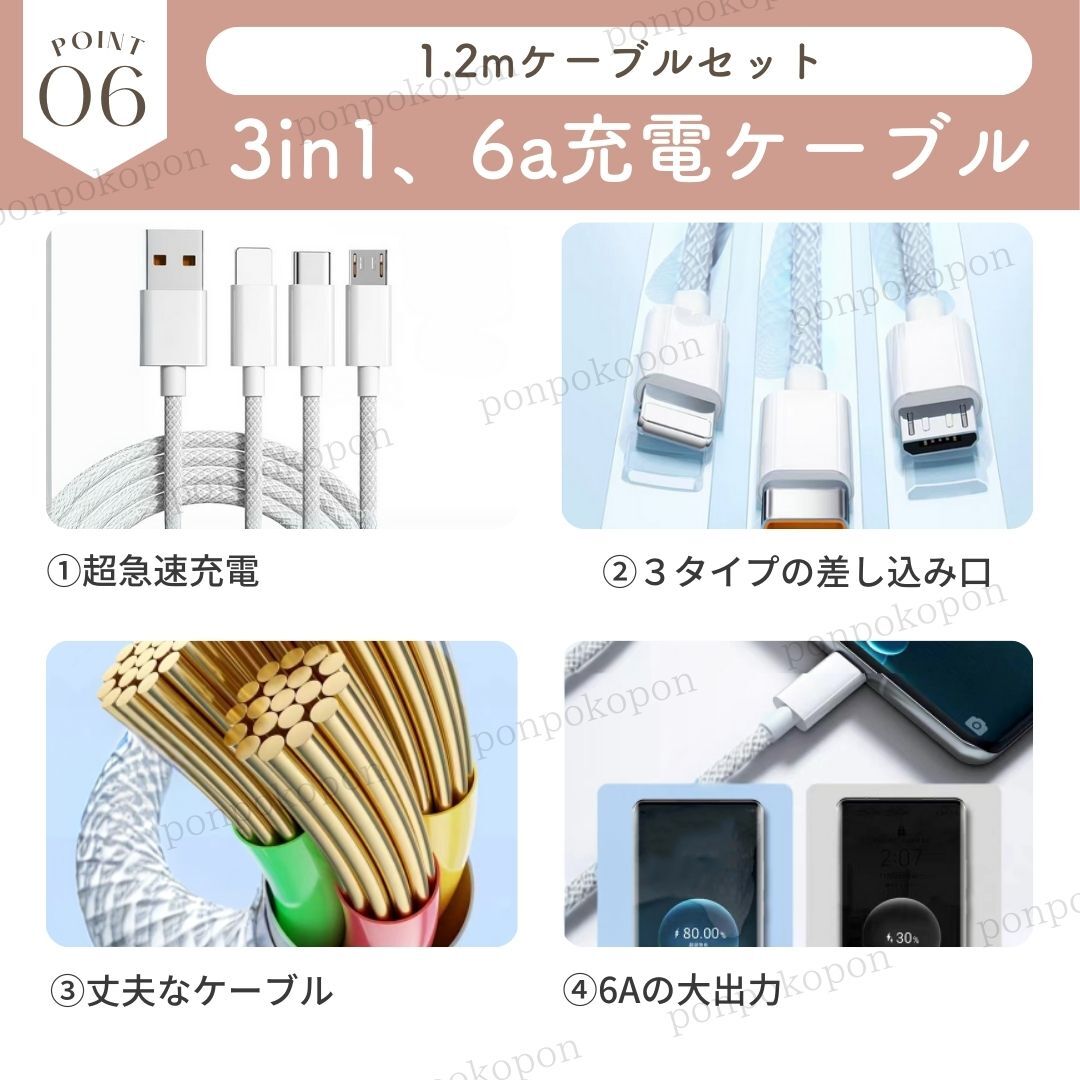 急速充電器 120W 6A セット PD タイプC 同時充電 高速 USB スマホ 携帯 iPhone iPad Android AC QC3.0 5ポート 充電ケーブル 人気 ビジネス_画像7